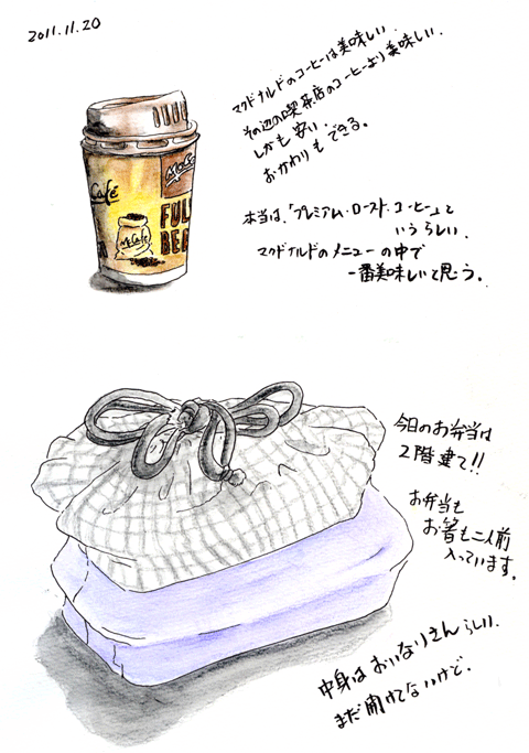 2011-11-20　お弁当の包みとマクドナルドのコーヒー